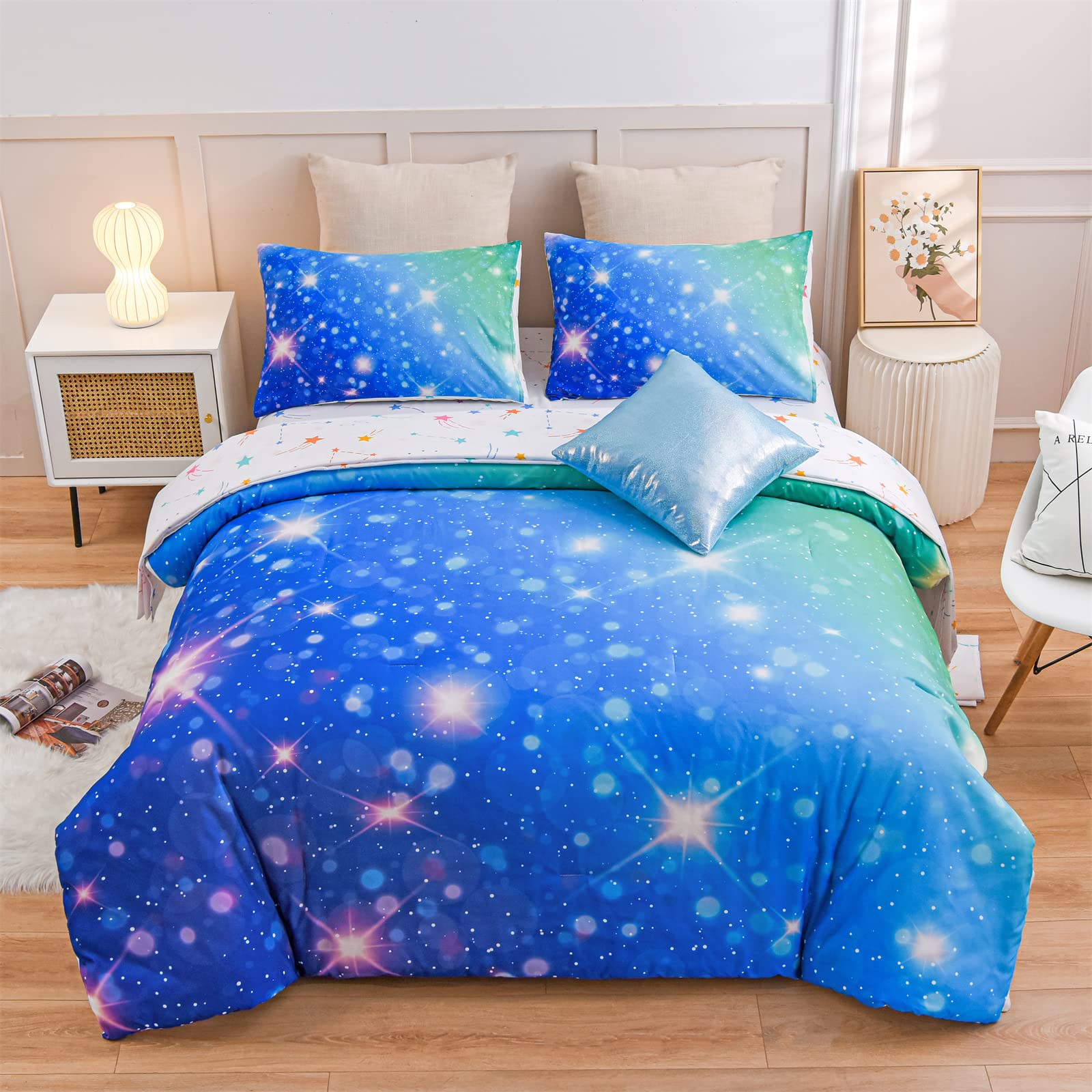 A Nice Night 6Pcs Gradient Glitter Bedding Set For Girls, Colorful Rainbow Galaxy Comforter Set, Ultra Soft Bedding Sets (Blue-G